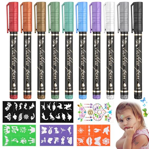 Deepton Tattoo Stifte Kinder, 10 Stück Glitzer Tattoos Set | mit Schablonen für Fasching Halloween Geburtstage Party