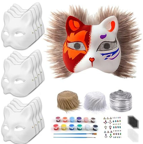 KEKECHAORAN 12 Stück Katzenmasken zum Bemalen,DIY Unbemalt Masken für Halloween, Karneval, Maskera Party Cosplay Therian Mask (FIG12)