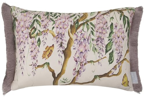 Voyage Maison Mariposa Feather Filled Cushion – Fringed Wisteria Floral Cotton Blend Velvet Spring Summer (Cream - 40x60cm)