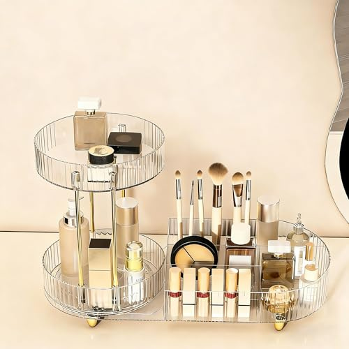 DUDUYA 360° Rotating Makeup Organiser 2 Tiers Skincare Cosmetic Organisers, 2 In 1 Cosmetic Perfume Stand Case,Large Capacity Dresser Organizer Holderfor Vanity, Bathroom, Bedroom （Clear）