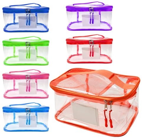 6 Pack Toy Storage Bags with Name Tag, 9.1x6.7x3.9 Inch Storage Bags with Zipper Travel Toiletry Bags Waterproof Toy Storage Organizer Reusable Clear PVC Organizing Case Bags