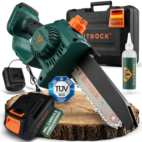 Mini Kettensäge mit Akku 6 Zoll | Akku Kettensäge & Astsäge | TÜV | OUTBOCK | Handkettensäge für Baumschnitt und Garten, Auto-Stopp, automatische Kettenölung, 2x 2.0Ah Akkus, Schnelllader und Koffer