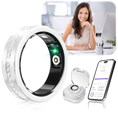 2026 Smart Ring Vollständig von Diamanten Umgeben und Kabelloses Ladeetui【Branchennummer 1 – 0 Messfehler】Fitness Tracker zur Schlafüberwachung, Tragbarer SpO2-Smartring für Android und iOS, Silber 7#
