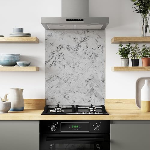 Marble Herringbone Kitchen Splashback Panel, Heat Resistant Aluminium Splashback, Modern Kitchen Wall Protector, Easy Clean, Easy Installtion, 600x800mm