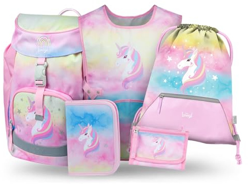 Baagl Schulranzen Mädchen Set 5 Teilig Airy - Regenbogen Einhorn | Ergonomischer Schulrucksack und Grundschule Ranzen mit Brustbeutel, Schürze und Turnbeutel bietet 16,5 l für 1. Klasse.