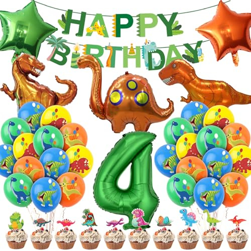 Ezydka Dino Geburtstag Deko Set Dinosaurier Geburtstagsdeko Party Deko | Dino Deko Kindergeburtstag mit Luftballon Banner Folienballon Cupcake Topper für Dinoparty, Birthday Decoration (4)