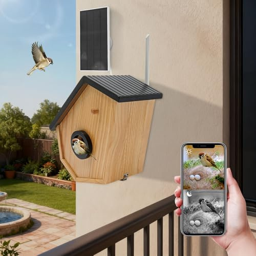 Apriltop Intelligentes Vogelhaus mit Kamera Outdoor, aus Holz, Nistkasten für Gartenvögel, für Volieren, Bauernhöfe, Gärten, Balkone, Stangenhalterung/Wandhalterung/Riemenhalterung (27x15x31cm)