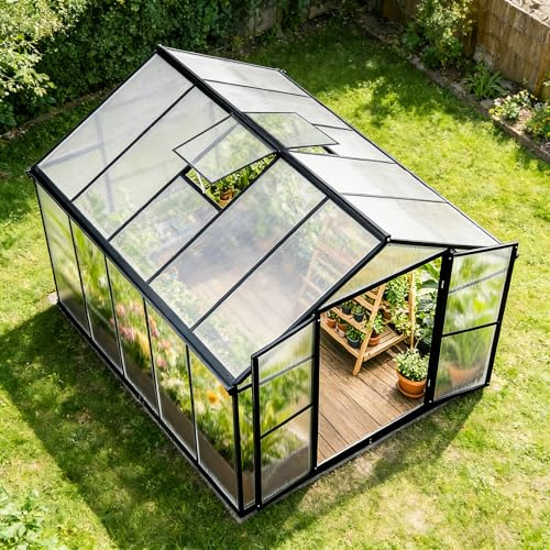 Gegaden Gewächshaus Aluminium für den Garten |Mit 8 cm dickeres Fundament| 301*238*210 cm | Vielseitig nutzbar als Treibhaus Gartenhaus Winterfest Aufzucht Tomatenhaus Frühbeet Schwarz