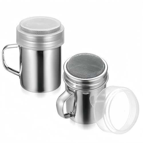 SHENGYIG 2 Spandicuccheriere Acciaio Inox, Colino Maglia Fine con Coperchio | Spargitore Multifunzione per Cacao e Spezie per Zucchero a Velo, Farina e Cacao in Polvere, Ideale per Caffè, Cottura