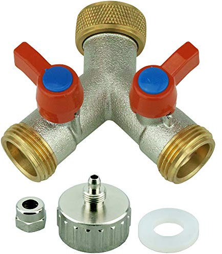 Y-Verteiler 3/4 mit Absperrhähnen zum Anschluss von 2 Geräten SbS Kühlschrank, Spül- Waschmaschine 2-Wege Ventil + Adapter 3/4 IG auf 1/4 AG Wasserschlauch