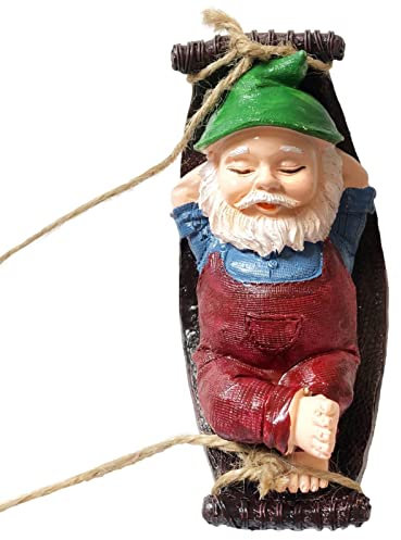 JINGLING Gartenzwerge Statuen – Lustige Gartenzwerge Dekorationen für Rasen, Hof, Terrasse, Veranda draußen | Hängender Baumschmuck, Harz, schlafend in Hängematte, Gartenzwerg, Statue,