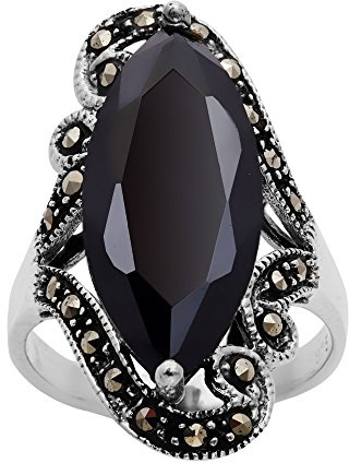 Silverly Großer Schwarzer Marquise-CZ-Ring aus 925er Silber mit Markasit-Filigran | Kuppelring im Jugendstil-Vintage-Stil der 20er Jahre | Viktorianischer Gothic-Schmuck mit Zirkonia für Damen