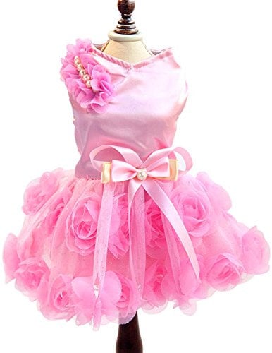 SMALLLEE_LUCKY_STORE Pet Small Dog Wedding Dress with Bowknot Birthday Party Costume Satin Rose Pearls Girl Formal Dress Cat Tutu Pink, Small