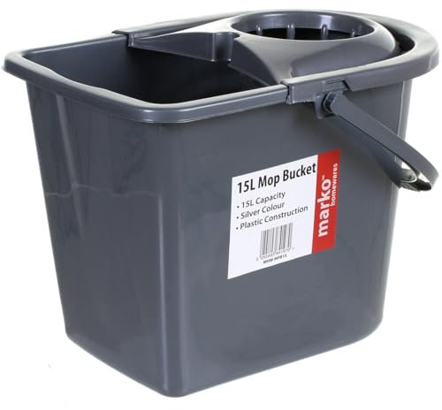 Marko Homewares 15L Plastic Mop Bucket Large Grey Home Cleaner Floor Cleaning Wet with Wringer
