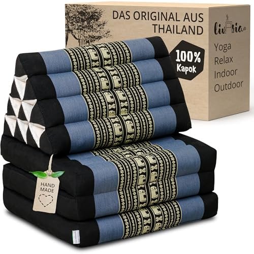 livasia Thaikissen mit 3 Auflagen - 175x50x8cm - Dreieckskissen mit Klappmatratze, Keilkissen Kapok, Rückenkissen faltbar, Thaimatte zum Klappen, handgefertigt, Meditationskissen (Blau/Elefanten)
