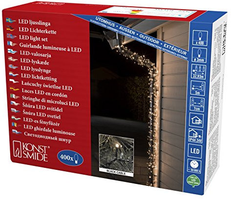 Konstsmide Micro LED Lichterkette, 400 warm weiße Dioden, 24V Außentrafo, schwarzes Kabel - 3644-110, Warmweiß