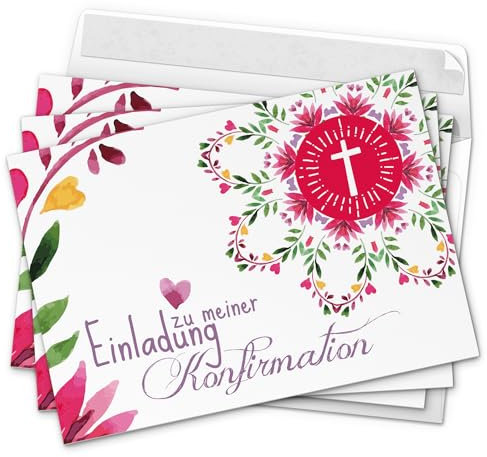 10 x Einladungskarten Konfirmation mit Umschlag/Gemalte Blüten Aquarell mit Text/Konfirmationskarten/Einladungen zur Feier