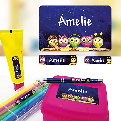 Sunnywall® Eule owl Namensaufkleber Stife-Aufkleber Federmappe Kinder & Erwachsene Namen Sticker Aufkleber Sticker 79 Stück Schule und Kindergarten - wasserfest