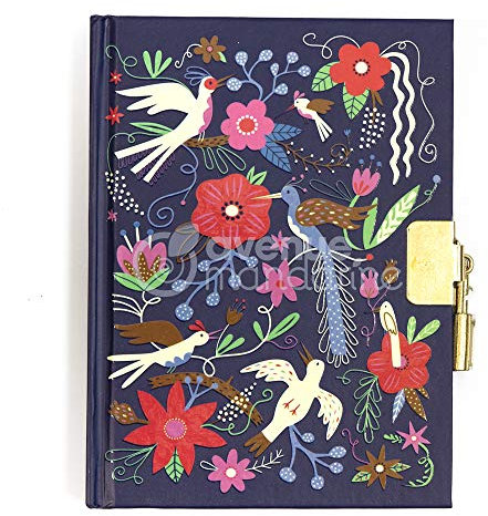 Avenue Mandarine CO205C - Tagebuch, 120 Blatt, liniert, 11x14cm, 1 Stickerbogen, mit Schloss und Lesezeichen, Vögel und Blumen Blau, 1 Stück