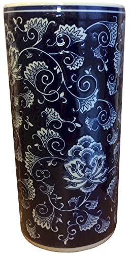 M S L Navy Blue and White Floral Ceramic Umbrella Stand Walking Stick Stand Large Vase
