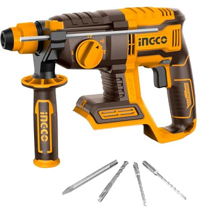 INGCO 20V Lithium-Ion SDS-Plus Rotary Hammer Drill (Body Only) with Brushless Motor, 4IN1 Function Adjust Knob, 2.0J, 5400BPM, 1100RPM, 3Pcs Drill Bits and 1Pcs Chisel CRHLI20208