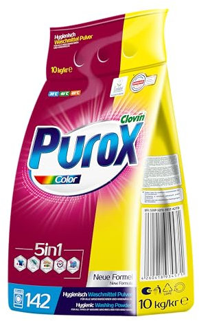 PUROX COLOR Detersivo Lavatrice Polvere (142 Lavaggi) – Per tessuti colorati, rimuove le macchie, ecologico, protezione anticalcare, cartone da 10 kg