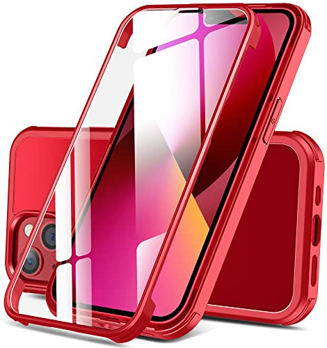 DOSNTO Doppelseitiger Durchsichtig Hülle für iPhone 13 (6.1''), 360 Grad Ganzkörper Stoßfeste und Fallschutz Transparent Handyhülle Eingebauter Gehärtetem Glas Displayschutzfolie Schutzhülle, Rot