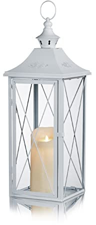 KHG Laterne 70 cm mit LED-Kerze aus Metall/Glas in weiß, matt, Kerzenständer, Kerzenhalter, Outdoor und Indoor, Deko, für Wohnzimmer, Balkon, Terrasse, Garten usw.