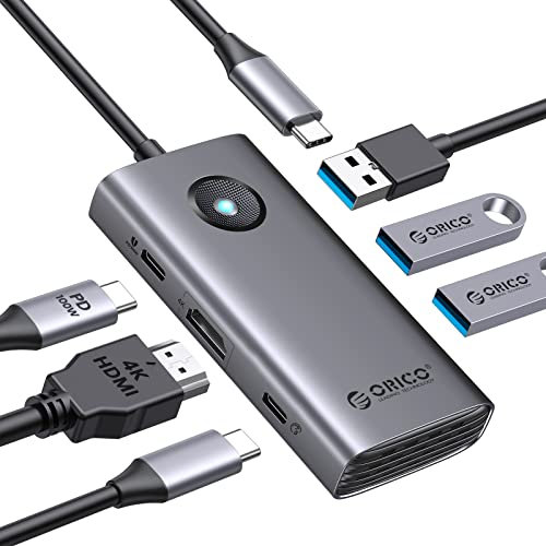 ORICO USB C Docking Station, 6 in 1 USB C to USB Adapter with 3 USB 3.0 Ports,1 USB-C, HDMI(4K@30Hz), PD100W, USB C Hub Multiport Adapter for MacBook/Dell/HP/Surface/Lenovo Grey