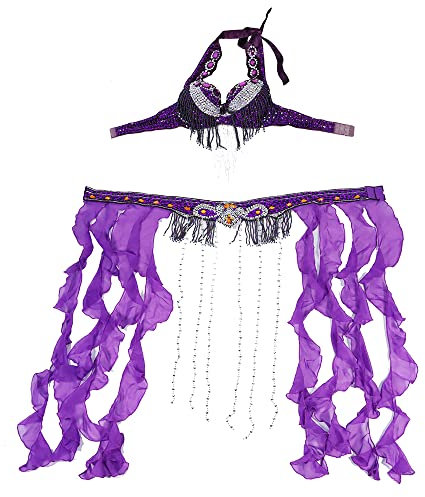 Bauchtanz HüFttuch,Bauchtanz KostüM Damen Größe S-XL. Performance frauen dancewear professionelle 2 stücke outfit perlen kostüm bauchtanz bh gürtel mit fransen ( Color : Purple bra belt , Size : L )