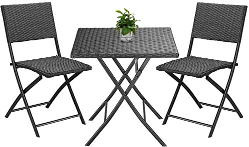 Casaria® Ensemble 3 pièces de Balcon en Polyrotin ROM Set de 1 Table et 2 chaises Pliantes Noir résistant Camping Jardin