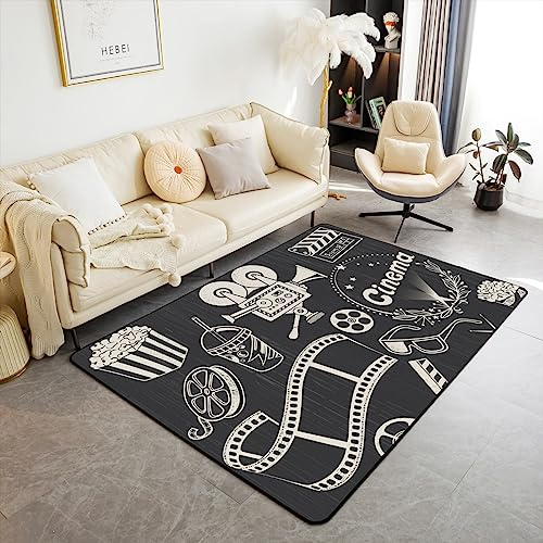 Homewish Schwarz-grauer Kinoteppich für Nachttisch, Vintage-Film-Themen-Teppich, 100 x 150 cm, für Nachttisch, Retro-Kino, Wohnzimmer, rutschfest, Popcorn-Projektor-Akzent-Teppich-Set, fusselfrei