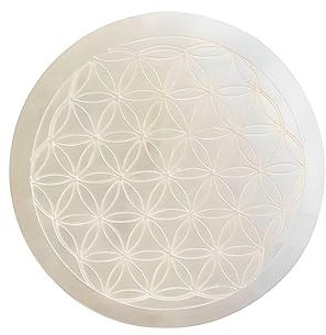 WLM Disque en sélénite 10 cm avec Gravure Fleur de Vie - Idéal pour Le rechargement des minéraux !