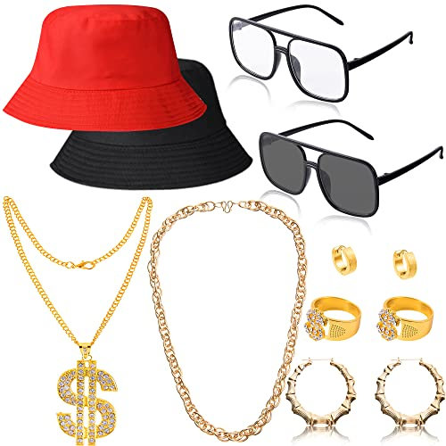 Hip Hop Kostüm Kit, 12Pack 80er 90er Jahre Outfit Rapper Zubehör beinhaltet Sonnenbrille Dollar Zeichen gefälschte Kette Ring Hoop Ohrring Eimer Hut für Sommer Frauen Männer