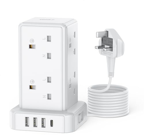 Tower Extension Lead with 8 Way Multi Plug Extension Tower & 4 USB Ports (13A 3250W),Mini Power Strip with Switch, 2M Extension Cable Surge Protection Extension Lead for Home, Office