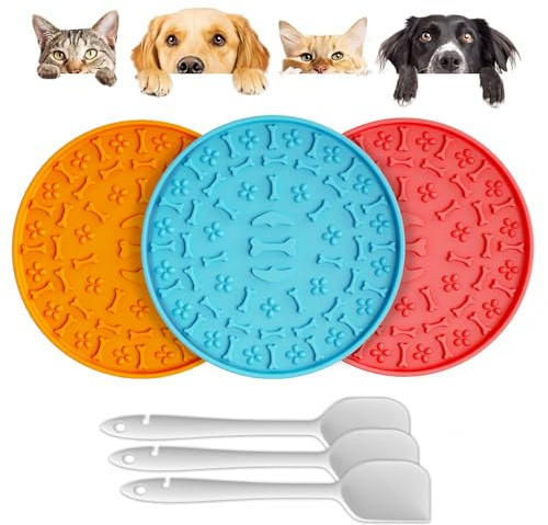 Lick Mat for Dogs & Cats 3 Pack - Silicone Dog Lick Mat with Suction Cups - Anxiety Relief/Promotes Healthy Eating/Frozen & Dishwasher Safe - Pet Peanut Butter Lick Pad LPFLASAT (Blue Orange Red)