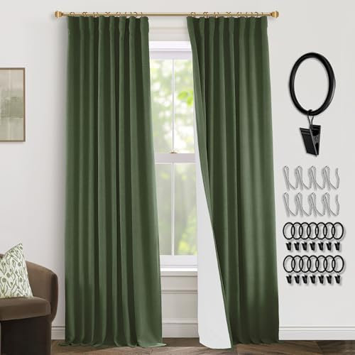 PANELSBURG Olive Green Curtains 84 Inch Length 2 Panels Set,Boho Back Tab Pleated Room Darkening Linen Blackout Window Curtain Drapes for Living Room 84 Inches Long,Dark Moss Green