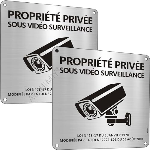 Panneau Propriété Privée Video Surveillance Aluminium 15×15 cm, 2 Pièces Panneau Camera Surveillance Adhesif, Avec Trous Percés