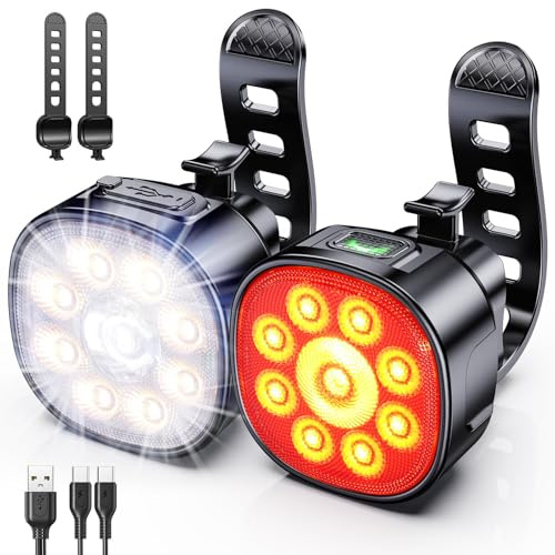 Cuvccn Bike Lights Super Bright, Rechargeable Bicycle Lights Set Multiple Modes, Waterproof Bike Lights for Night Riding/Cycling Safety, Front and Back Bike Reflectors Light, Long Battery Life