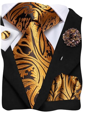 Hi-Tie Herren-Krawatte, Reversnadel-Set, Einstecktuch, Manschettenknöpfe, gewebte Seidenkrawatten für Männer, Hochzeit, formelle Anlässe, 01 - Schwarz/Gold-Paisley, M