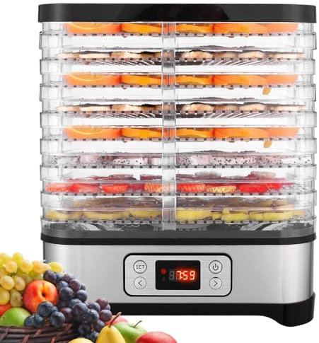 COOCHEER Essiccatore in acciaio inox, con 8 scomparti, timer e regolazione della temperatura 35-70°C, essiccatore per frutta, disidratatore, senza BPA, nero