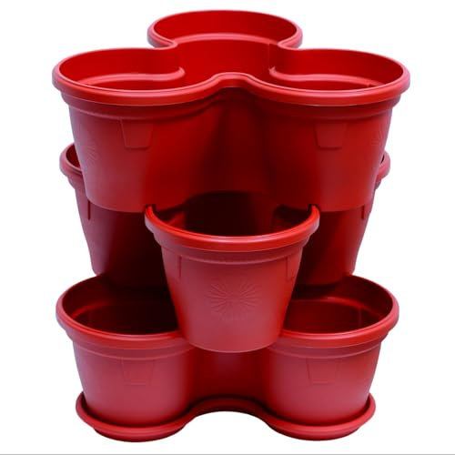 Engelland 3X Blumentopf, Säulentopf, Pflanzturm, Hochbeet, Pflanztopf-Kübel mit Untersetzer, stapelbar, widerstandsfähig, Kunststoff, für Außenbereich, 33 Liter, Farbe: Rot
