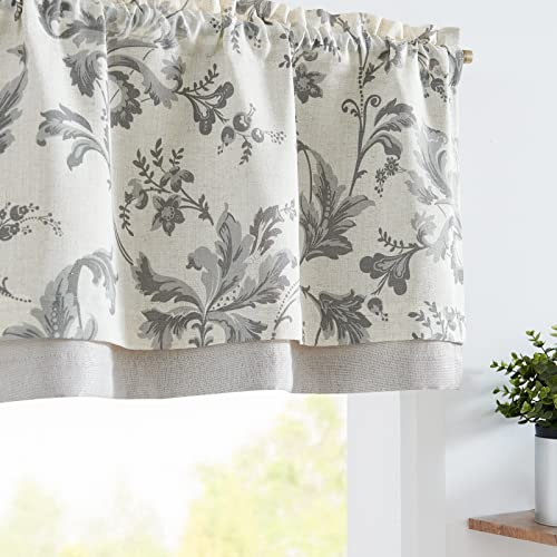 TOPICK Leinen Scheibengardinen Blickdicht Küchengardinen Frühling Landhausstil Gardinen Blumen Verdunkelnd Vorhänge Kurz Bistrogardine Volant Wohnzimmer Fenster 1er Pack Grau auf Beige 40B x 125H(cm)