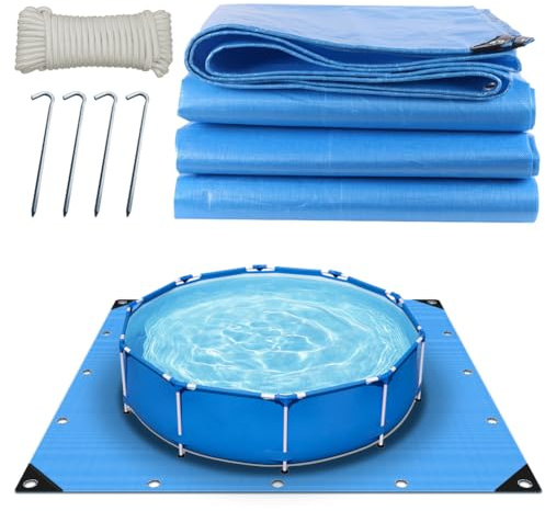 Lona de Suelo para Piscina 120 g/m² Gruesa Cuadrada (4,5×4,5 m, Azul) | Base de Piscina, con 4 Ganchos y 20 m de Cuerda de Nailon, con Agujeros, Impermeable y Resistente a Desgarros