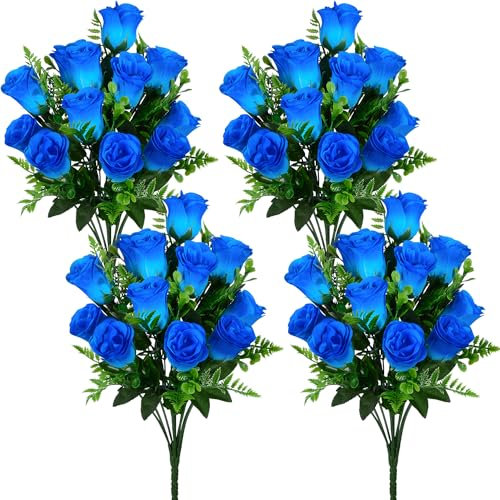 SIFOEL Ramo de Flores de Rosa Artificial Realista Rosa de Seda Flores Falsas para Boda casa centros de Mesa Fiesta Cementerio Tumba decoración (4, Azul)