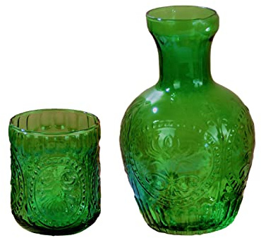 Vintage-Nachttisch-Wasserkaraffe und Glas-Set, Bunte Glas-Wasserkaraffe mit Tasse für Nachttisch, Mundspülung, Glaskaraffe, Wasserkaraffe, Krug-Set für Limonade, Kaltes Wasser, Saft, Milch,(Grün)