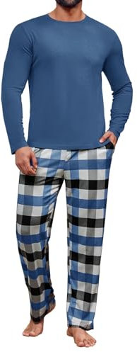 Runcati Schlafanzug Herren 2 Stück Pyjama Set Kariert Nachtwäsche PJ Relaxed Fit Stretch Lounge Sets Langarmshirt und Lange Hose Blau, M