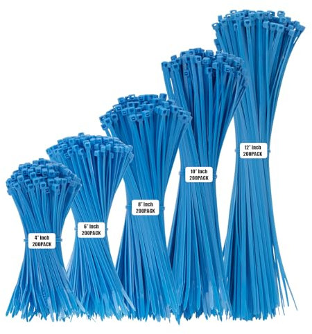 Armpow Blue Cable Zip Ties Heavy Duty Assorted Sizes, 1000 PCS Self-Locking 4+6+8+10+12 Inch 18LBS/40LBS Nylon Cable Ties, Perfect for Home, Office, Garden and Workshop