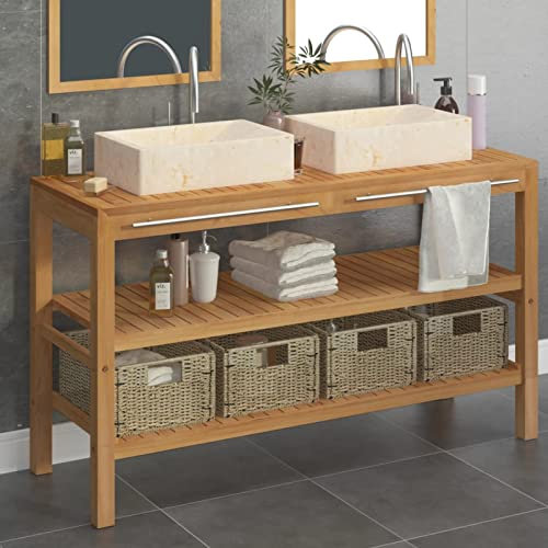LAPOOH Waschtisch Massivholz Teak mit Waschbecken Marmor Creme, Waschbeckenunterschrank, Badezimmerschrank, Badezimmermöbel, Badschrank, Badezimmer Unterschrank, Badezimmer Möbel 3058181