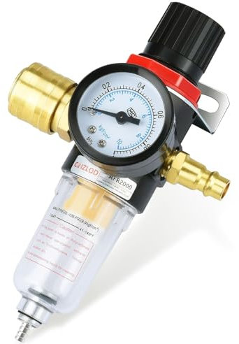 Réducteur de pression d'air comprimé, unité d'entretien de l'air comprimé 1/4 avec séparateur d'eau, régulateur de pression du compresseur, raccord rapide et manomètre (noir)